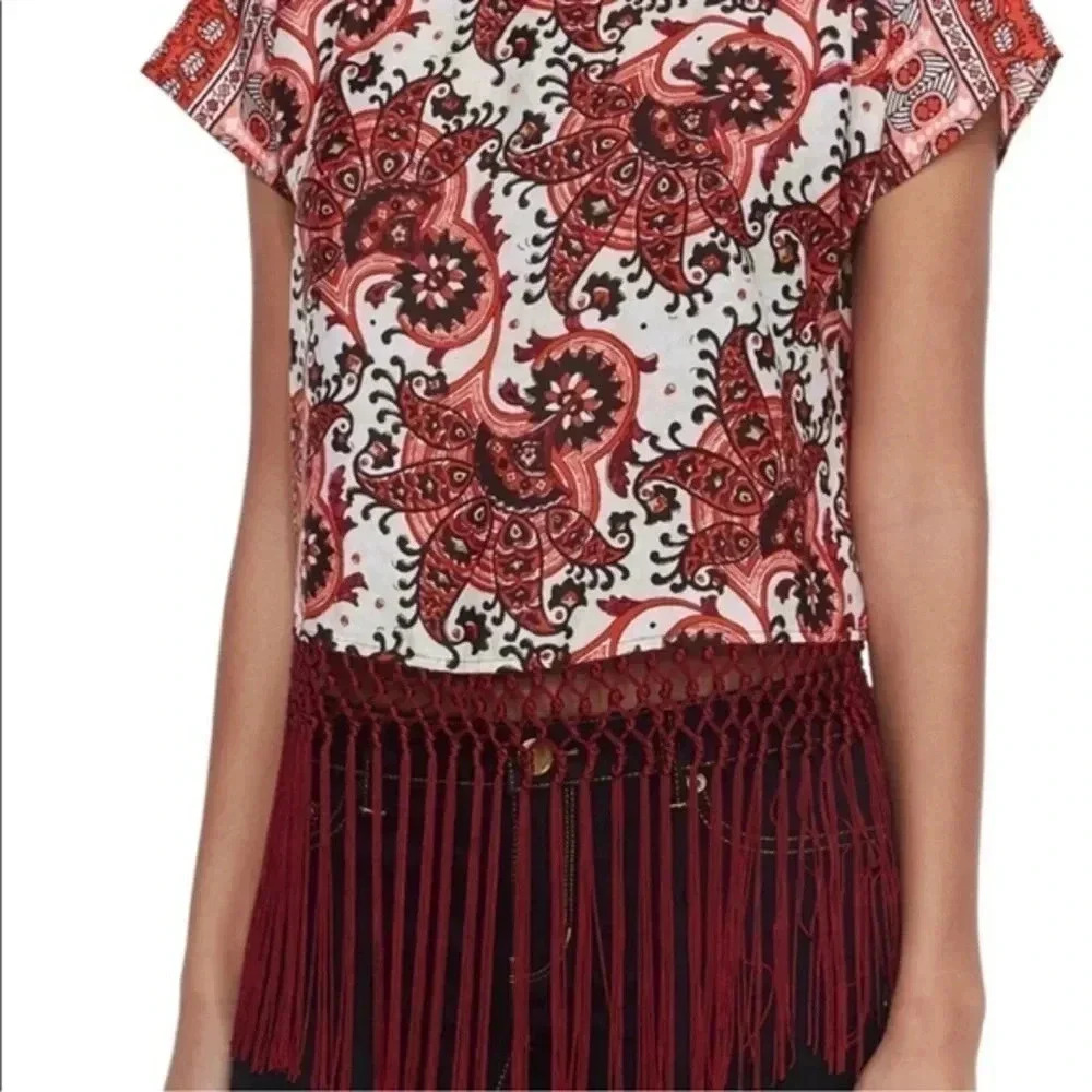 Micheal | Michael Kors | Red & Brown Bohemian Paisley Print Fringe Blouse Size M